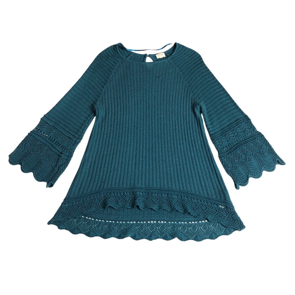 Greige Sweater Womens L Green Crochet Knit Tunic Bell Sleeve Cottagecore Fairy